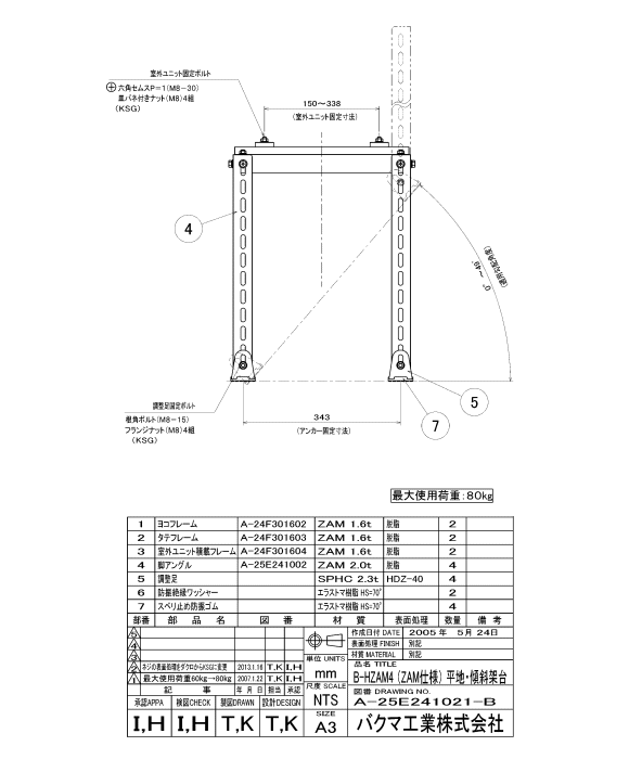 バクマ工業 エアコン室外ユニット用据付架台 平地・段差置用架台 B-HZAM4 高耐蝕溶融メッキ鋼板 ZAM製