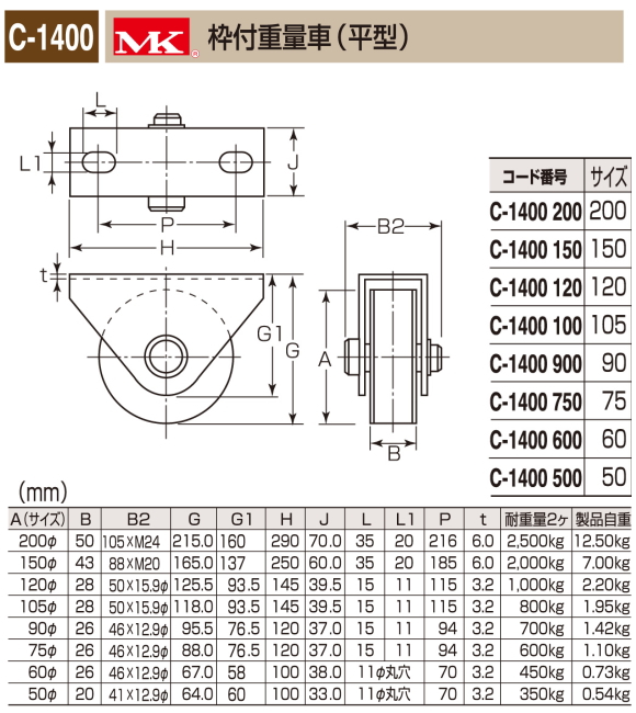 丸喜金属 MK 枠無重量車 コ型 C-1450 200 - 5