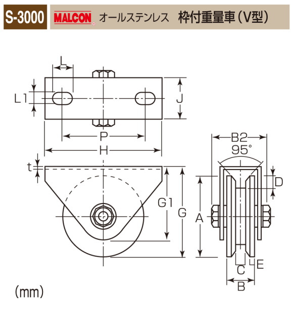 丸喜金属本社 MALCON 溶接・ビス止兼用 重量車 S-3000-750 マルコン オールステンレス (ステンレスベアリング入り) 枠付重量車(V型) 75Ф 1個販売 密閉防塵式ベアリング